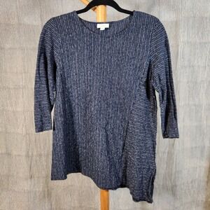 J.Jill Medium P $89 Navy White Stripe Hemp Cotton Asymmetric Split Hem 3/4 Tunic